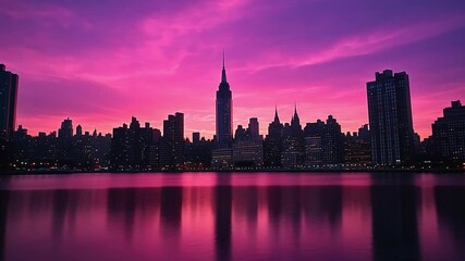 Aufkleber - This skyline of New York City glows with vibrant pink and purple colors as dusk approaches.