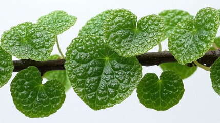 Wall Mural - Close-up of vibrant green leaves with textured surfaces and water droplets on a stem, isolated against a white background.