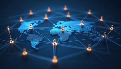 Poster - 3D global network with digital nodes and lines connecting people around the world, illustrating global communication, data sharing, and worldwide connectivity