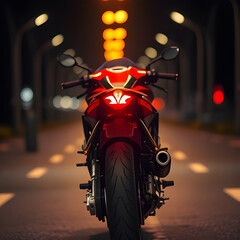 Crimson Cruiser, A Night Ride with an Illuminating Tail Light and Blurry City Lights Creating a Thrilling Journey on Two Wheels