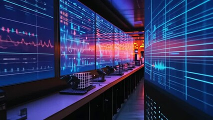 Poster - Innovative technology displays in a modern workspace illuminated by vibrant lights