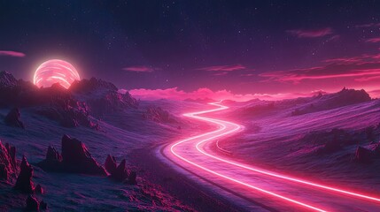 Wall Mural - neon road winding through alien landscape under pink moon