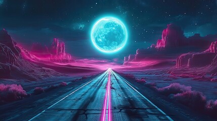 Wall Mural - neon road leads to giant moon over pink desert landscape