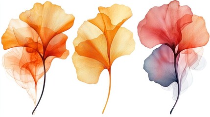 Sticker - Three stylized ginkgo biloba leaves in orange, yellow, and red hues.