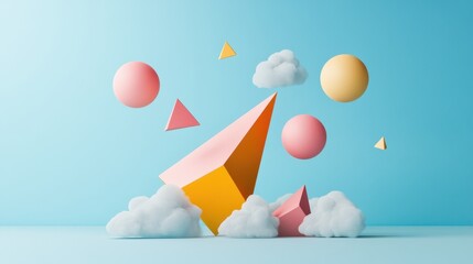 Poster - Playful Three-Dimensional Composition of Geometric Shapes in Bright Colors Against a Soft Blue Background