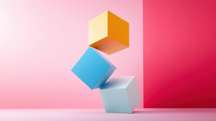 Poster - Colorful Three-Dimensional Blocks Stacked Against a Vibrant Wall in Dynamic Arrangement