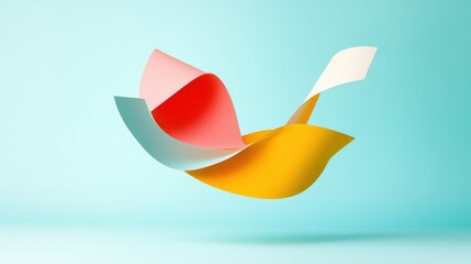 Poster - Vibrant Dynamic Three-Dimensional Paper Forms in Bright Colors Suspended Against a Soft Blue Background