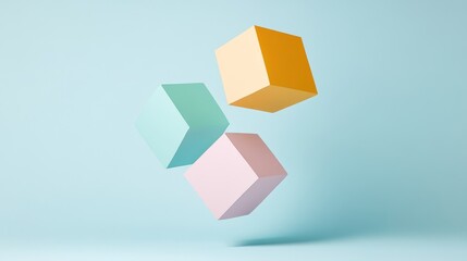 Poster - Vibrant and Dynamic Three-Dimensional Geometric Shapes Suspended in Air Against Soft Blue Background