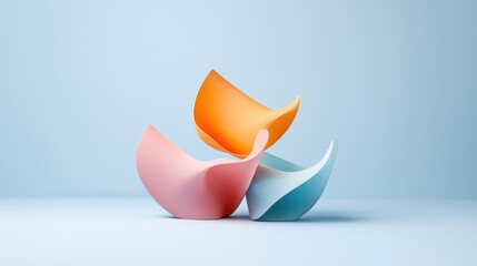 Poster - Vibrant and Dynamic Photography of Three Abstract Shapes in Soft Pastel Colors Against a Light Background