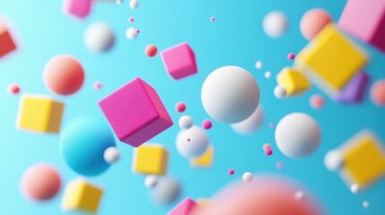 Poster - Playful Three-Dimensional Spheres and Cubes in Vibrant Colors Against Light Blue Background