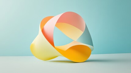 Poster - Playful and Dynamic Three-Dimensional Abstract Sculpture in Soft Pastel Colors Against a Light Blue Background