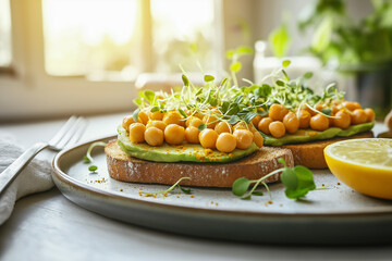 Wall Mural - Chickpea toast with microgreens and avocado served with lemon in a bright kitchen setting.