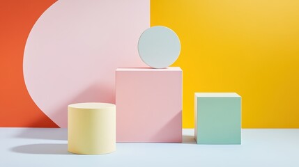 Poster - Dynamic Three-Dimensional Colorful Geometric Shapes on Vibrant Backgrounds Creating a Playful Composition