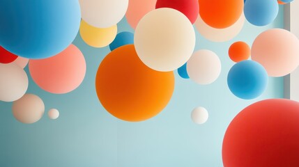 Poster - Colorful Three Dimensional Spheres Floating Against a Soft Blue Background for Creative Backgrounds or Design Projects