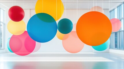 Poster - Vibrant Three Dimensional Spheres Floating in Bright Colors Inside a Modern Room with Natural Light