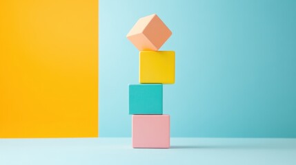 Poster - Colorful Three-Dimensional Blocks Stack on a Backdrop of Vibrant Blue and Yellow for Creative Play and Learning Activities