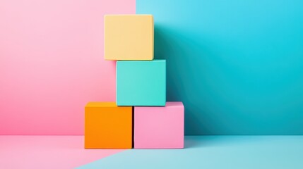 Poster - Colorful Three Dimensional Blocks Stacked on a Vibrant Background with Soft Pastel Shades of Blue and Pink