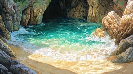 Poster - Serene Coastal Cave With Turquoise Water And Sandy Beach