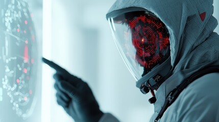 Poster - Sophisticated technician in a futuristic setting configuring a complex device with advanced technology and digital interfaces
