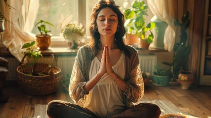 Aufkleber - A person engages in meditation, sitting cross-legged on a soft mat, surrounded by lush plants. Sunlight filters in, creating a serene and calming atmosphere that promotes relaxation.
