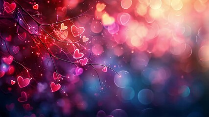 Poster - Vibrant heart-shaped bokeh lights create a romantic atmosphere, perfect for Valentine's Day. The background features soft colors blending beautifully, enhancing the feeling of love and warmth.