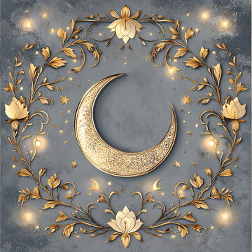 Elegant Ramadan design with a muted silver-gray background, framed by intricate gold floral patterns, crescent moon details, and glowing stars. Square social media post, Ramadan, Eid al-fitr