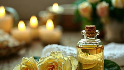 Poster - A calming wellness ambiance features a glass bottle of essential oil beside soft yellow roses. Candles flicker in the background, adding warmth to the serene environment.