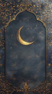 Elegant Ramadan design with a muted silver-gray background, framed by intricate gold floral patterns, crescent moon details, and glowing stars. Vertical social media post, reels, stories