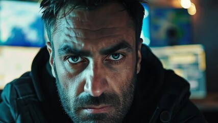 Fototapete - A rugged man sits in front of multiple screens displaying maps and data. He exudes concentration and determination in a dimly lit, high-tech environment filled with digital information.