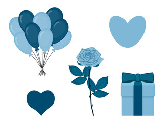 Set of elements for father's day and birthday. Bunch of balloons and gift box with bow. Rose flower and heart on transparent and white background. Vector illustration.