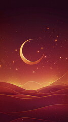 Poster - Modern Ramadan abstract background with a rich burgundy base, featuring golden geometric shapes, crescent moon details, and scattered glowing star motifs. Vertical social media post, reels, stories