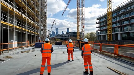 Poster - Construction workers assess sustainable finance project in urban setting with cranes and buildings