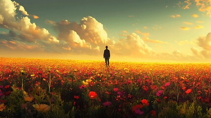 a person standing alone in a vast field of flowers, deep in thought about the direction and meaning 