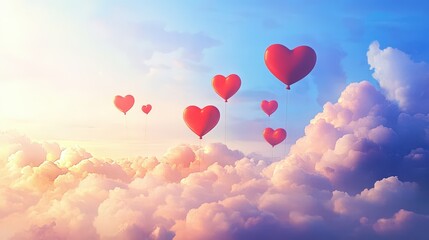 Canvas Print - Heart shaped balloons float above fluffy clouds in a bright sky