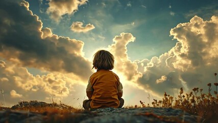 Poster - A young child sits on a rock, observing the stunning clouds illuminated by a sunset. The scene captures a moment of tranquility and wonder in a natural landscape.