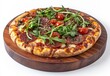 © ANUAR - Delicious pepperoni pizza topped with fresh arugula and cherry tomatoes served on a wooden board, perfect for food lovers and culinary enthusiasts.
