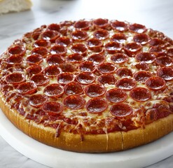 Wall Mural - Delicious Pepperoni Pizza with Extra Toppings on a Marble Countertop, Freshly Baked and Ready to Serve for a Perfect Meal Experience