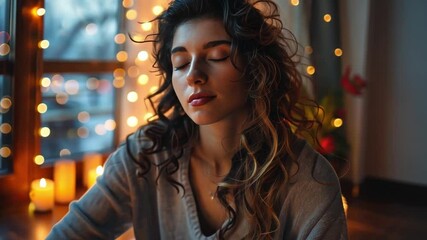 Aufkleber - A woman sits cross-legged in a cozy room surrounded by soft glowing lights and candles. She is lost in thought, embracing a moment of peace and tranquility during her meditation practice.