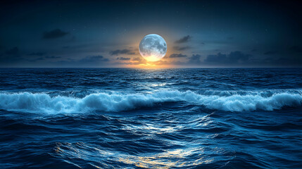 Wall Mural - Full moon rising over a tranquil ocean at night.
