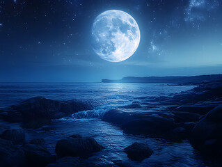 Wall Mural - Full moon over ocean at night, rocky shore.