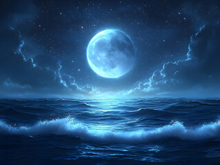 Wall Mural - Full moon over a tranquil ocean at night.