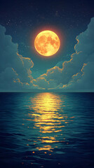 Wall Mural - Full orange moon reflecting on calm ocean at night.