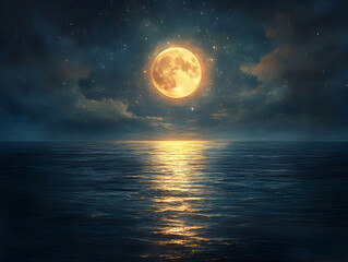 Wall Mural - Full moon over calm ocean at night. (1)