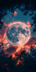 Wall Mural - Full moon rising over trees at sunset.
