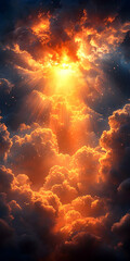 Wall Mural - dramatic sunset with bright sun rays piercing through fiery clouds.