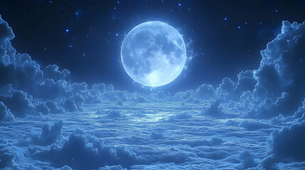 Wall Mural - full blue moon shining over a sea of clouds at night, stars visible.