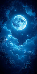 Wall Mural - full moon shining brightly in a night sky filled with fluffy clouds and stars.