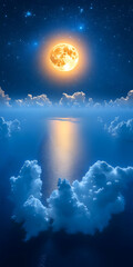 Wall Mural - Full moon over calm ocean at night, clouds reflecting moonlight.