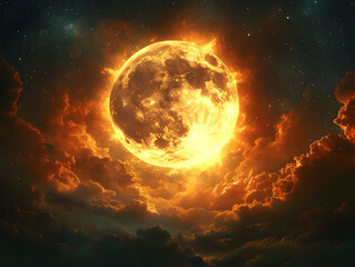 Wall Mural - fiery, orange full moon rising through dramatic, dark clouds and stars.