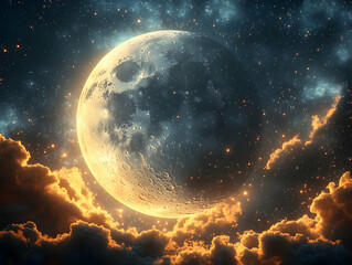 Wall Mural - Majestic full moon rising above colorful clouds and starry night sky.